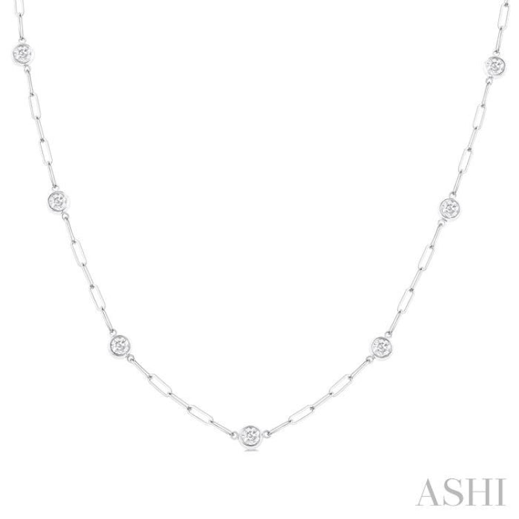 1 Ctw Bezel Set Round Cut Diamond Paperclip Station Necklace in 14K White Gold