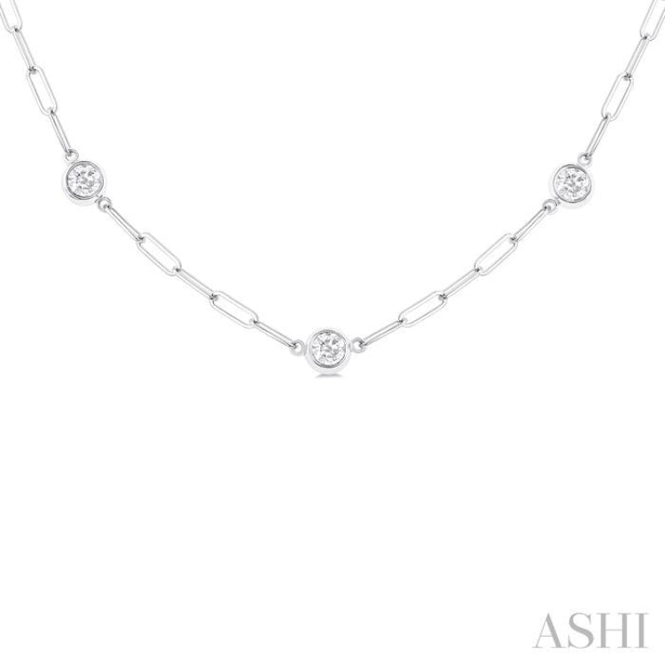 1 Ctw Bezel Set Round Cut Diamond Paperclip Station Necklace in 14K White Gold