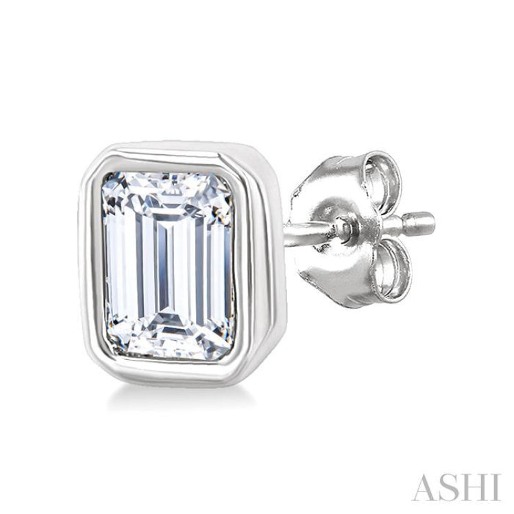 1/5 Ctw Petite Bezel Set Emerald Cut Diamond Fashion Stud Earring in 10K White Gold
