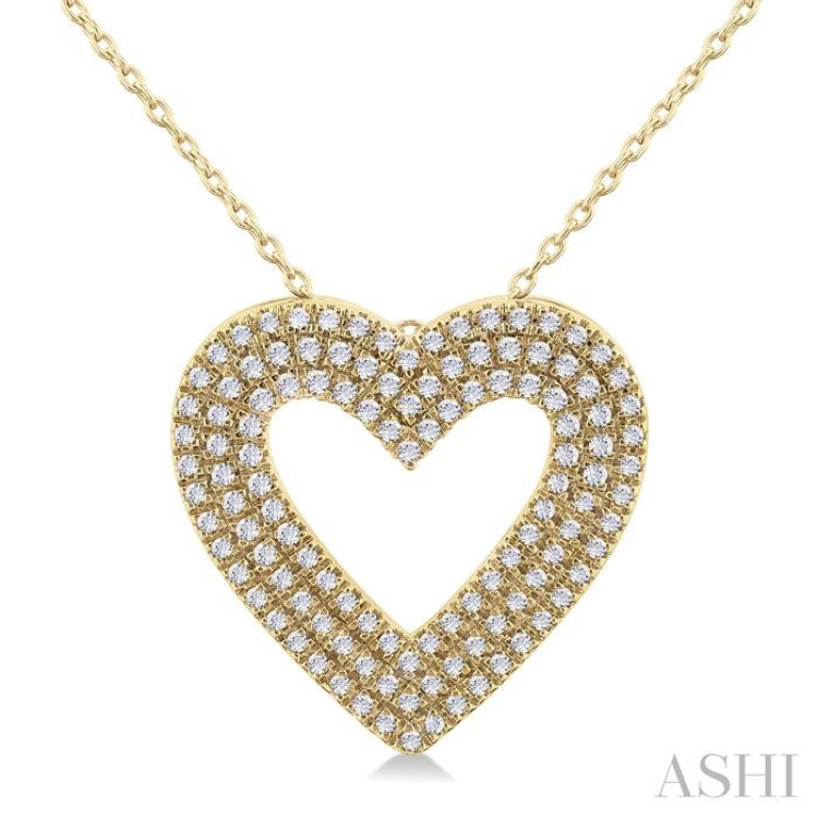 3/8 Ctw Heart Shape Triple Row Round Cut Diamond Fashion Pendant With Chain in 14K Yellow Gold