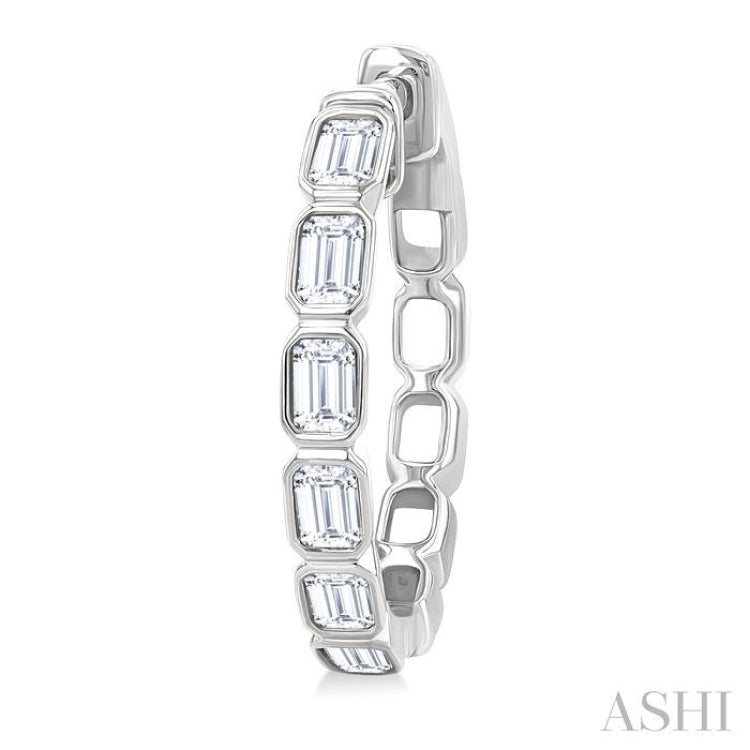 1 1/10 Ctw Bezel Set Emerald Cut Diamond Fashion Hoop Earring in 14K White Gold