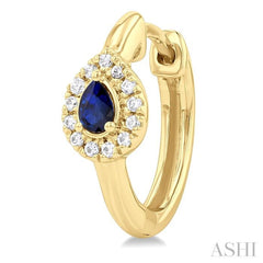 4X3 MM Pear Cut Sapphire and 1/10 Ctw Petite Round Cut Halo Diamond Fashion Huggies in 10K Yellow Gold