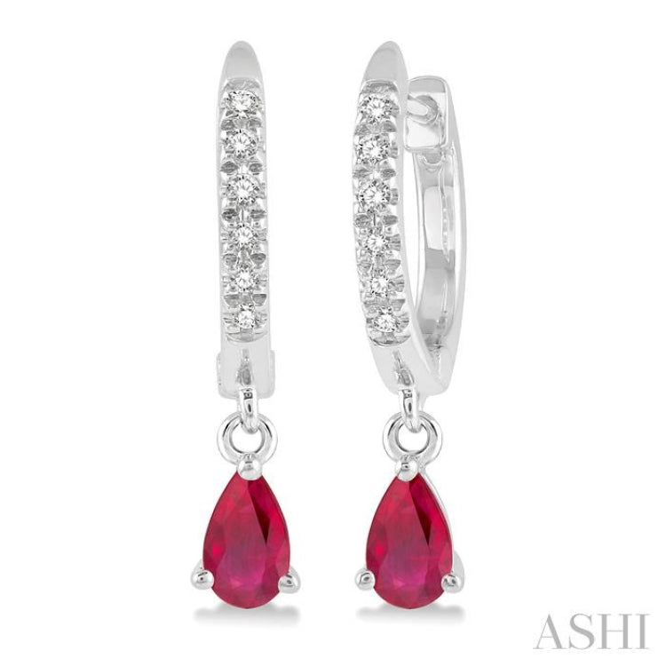 5x3 MM Pear Shape Ruby and 1/8 Ctw Round Cut Diamond Petite Fashion Huggie Earrings in 10K White Gold