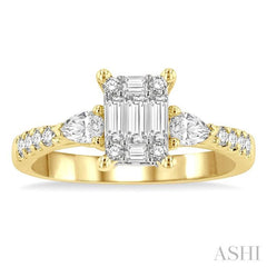 3/4 Ctw Emerald Shape Baguette, Pear and Round Cut Diamond Fusion Engagement Ring in 14K Yellow and White Gold