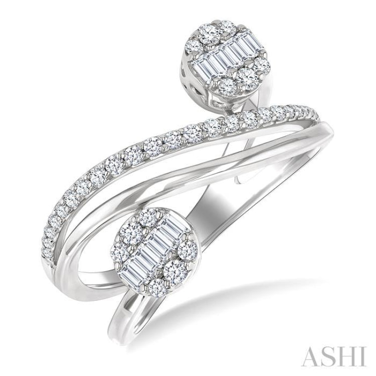 1/2 Ctw Bypass Fusion Baguette and Round Cut Diamond Fashion Open Wrap Ring in 14K White Gold