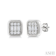 1/5 Ctw Petite Bezel Set Emerald Shape Fusion Baguette and Round Cut Diamond Fashion Stud Earring in 10K White Gold