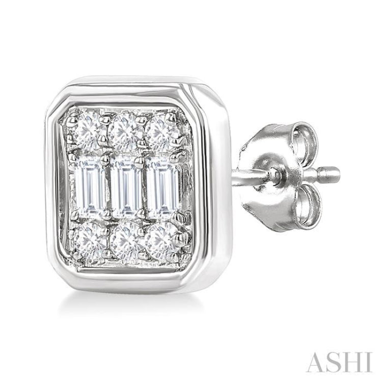 1/5 Ctw Petite Bezel Set Emerald Shape Fusion Baguette and Round Cut Diamond Fashion Stud Earring in 10K White Gold