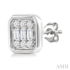 1/5 Ctw Petite Bezel Set Emerald Shape Fusion Baguette and Round Cut Diamond Fashion Stud Earring in 10K White Gold