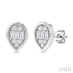 1/5 Ctw Petite Bezel Set Pear Shape Fusion Baguette and Round Cut Diamond Fashion Stud Earring in 10K White Gold