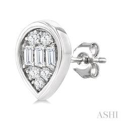 1/5 Ctw Petite Bezel Set Pear Shape Fusion Baguette and Round Cut Diamond Fashion Stud Earring in 10K White Gold