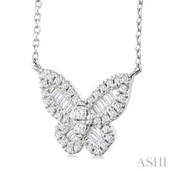 1/3 Ctw Petite Butterfly Baguette and Round Cut Diamond Fashion Pendant With Chain in 14K White Gold
