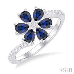 4X3 MM Pear Cut Floral Blossom Sapphire and 1/5 Ctw Round Cut Diamond Bypass Precious Ring in 14K White Gold