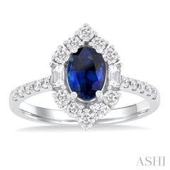 7x5 MM Oval Cut Sapphire & 5/8 Ctw Baguette and Round Cut Diamond Halo Precious Ring in 14K White Gold