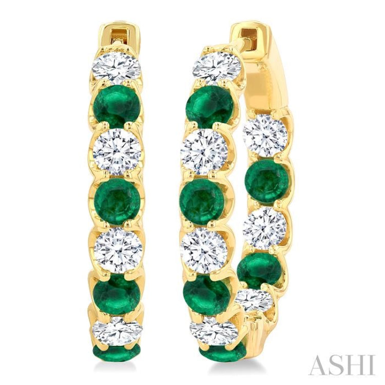 3.1 MM Emerald and 1 5/8 Ctw Round Cut Inside-Out Diamond Precious Hoop Earrings in 14K Yellow Gold