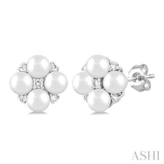 3 MM Floral Round Shape Cultured Pearl and 1/20 Ctw Round Cut Diamond Fashion Stud Earring in 10K White Gold