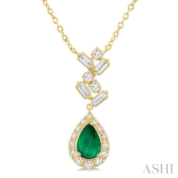 6x4 MM Pear Cut Emerald and 1/5 Ctw Scatter Baguette & Single Cut Halo Diamond Precious Pendant With Chain in 10K Yellow Gold