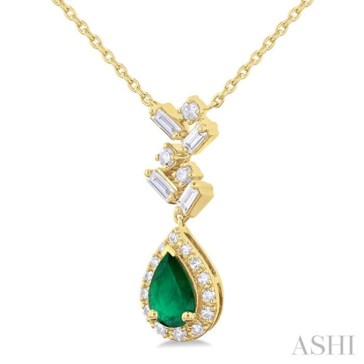 6x4 MM Pear Cut Emerald and 1/5 Ctw Scatter Baguette & Single Cut Halo Diamond Precious Pendant With Chain in 10K Yellow Gold