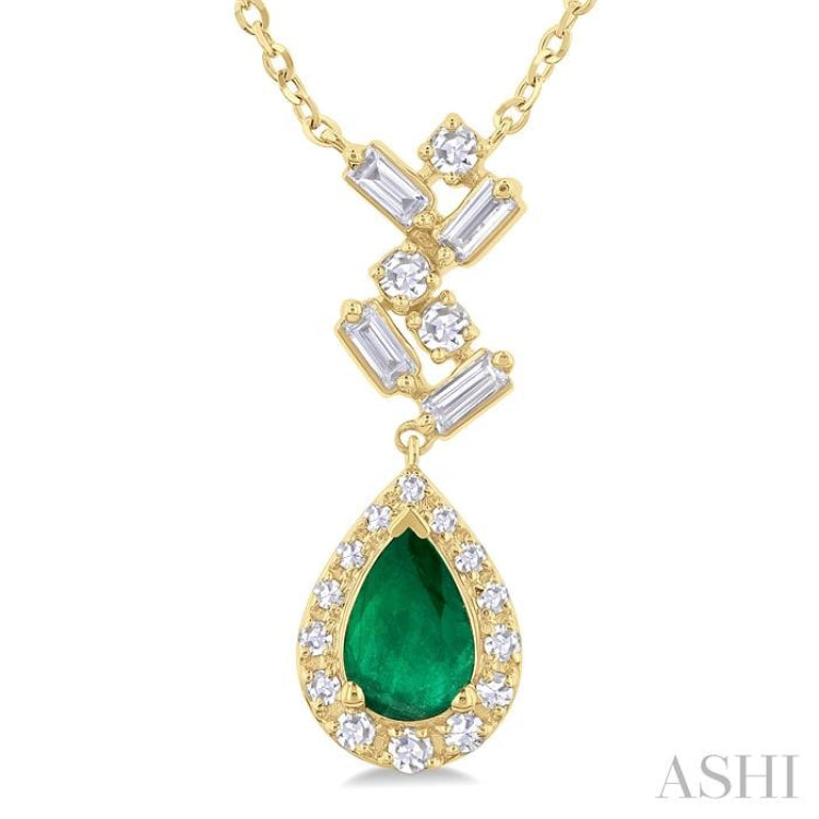 6x4 MM Pear Cut Emerald and 1/5 Ctw Scatter Baguette & Single Cut Halo Diamond Precious Pendant With Chain in 10K Yellow Gold