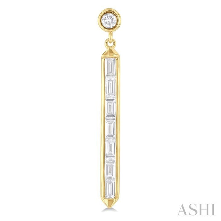 5/8 Ctw Vertical Bar Baguette and Round Cut Diamond Long Fashion Earrings in 14K Yellow Gold
