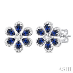 4X3 MM Floral Blossom Pear Cut Sapphire and 1/3 Ctw Round Cut Diamond Precious Stud Earring in 14K White Gold