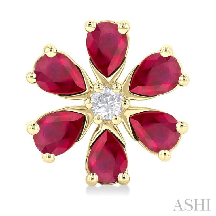 4X3 MM Floral Blossom Pear Cut Ruby and 1/10 Ctw Round Cut Diamond Precious Stud Earring in 14K Yellow Gold