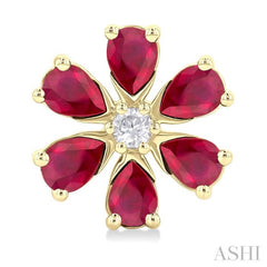 4X3 MM Floral Blossom Pear Cut Ruby and 1/10 Ctw Round Cut Diamond Precious Stud Earring in 14K Yellow Gold