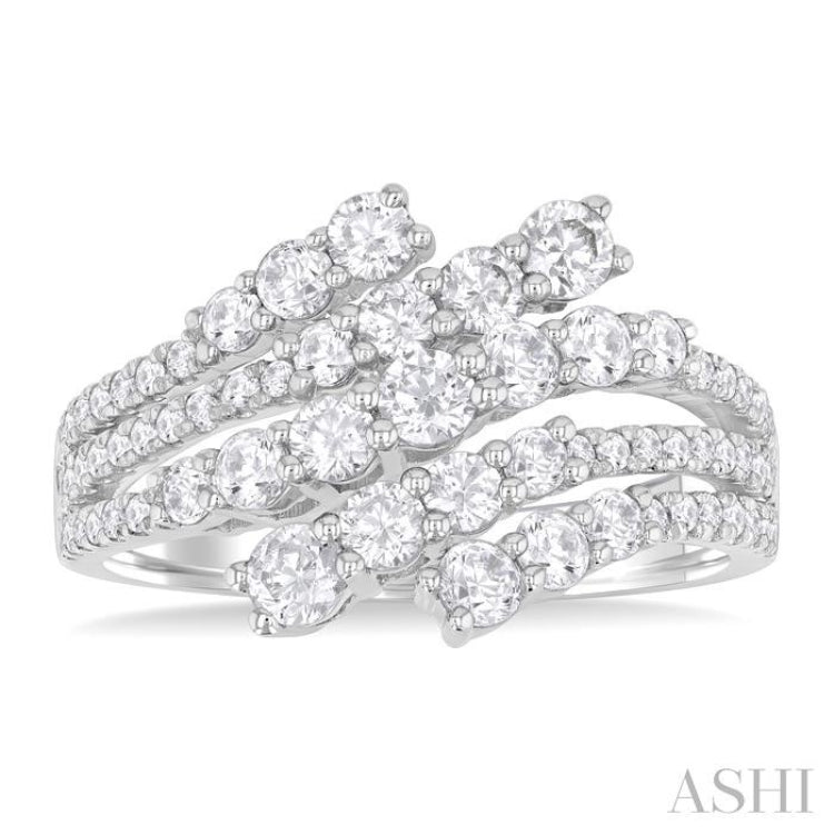 1 1/2 Ctw Triple Split Wide Bypass Round Cut Diamond Fashion Ring in 14K White Gold