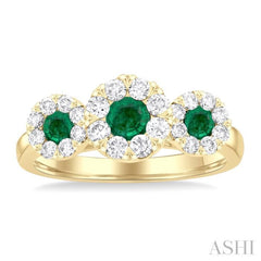 3.8 MM & 3 MM Emerald and 5/8 Ctw Round Cut Diamond Precious Lovebright Past, Present and Future Ring in 14K Yellow Gold