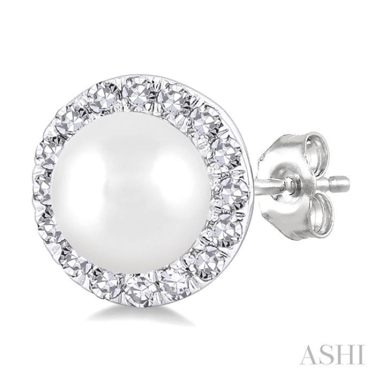 4.5 MM White Cultured Pearl and 1/8 Ctw Round Cut Diamond Halo Stud Earrings in 14K White Gold