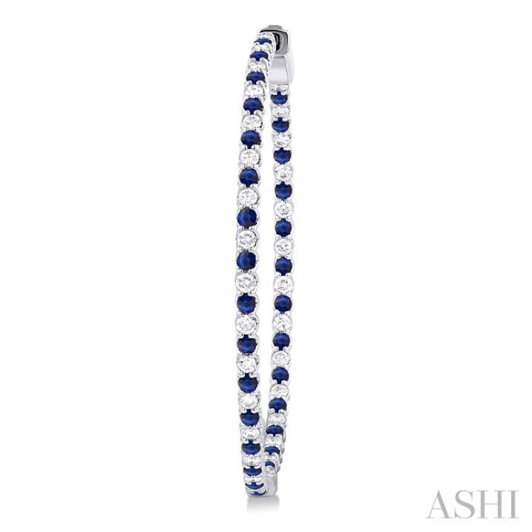 1.6 MM Round Cut Sapphire and 1 Ctw Round Cut Diamond Precious Inside-Out Alternating Hoop Earrings in 14K White Gold