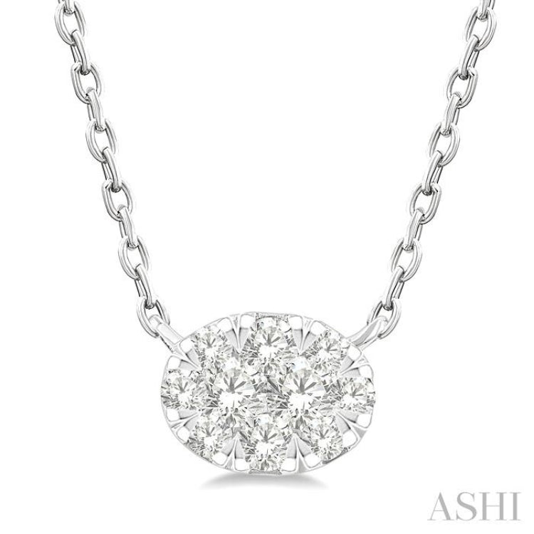 1/10 Ctw Lovebright Petite East-West Set Oval Shape Round Cut Diamond Fashion Pendant With Chain in 10K White Gold