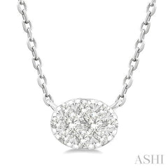 1/10 Ctw Lovebright Petite East-West Set Oval Shape Round Cut Diamond Fashion Pendant With Chain in 10K White Gold