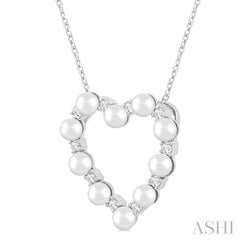 3 MM Round Shape Cultured Pearl and 1/5 Ctw Round Cut Diamond Heart Shape Pendant With Chain in 14K White Gold