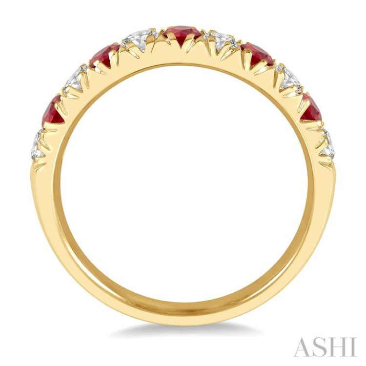 2.6 MM Ruby and 3/8 Ctw Round Cut Diamond Precious Wedding Band in 14K Yellow Gold
