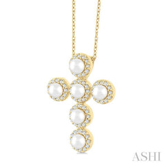 4 MM Round Shape Cultured Pearl and 1/4 Ctw Round Cut Diamond Cross Pendant With Chain in 14K Yellow Gold