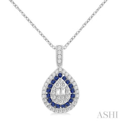 1.25 MM & 1.45 MM Pear Shape Sapphire and 1/4 Ctw Baguette and Round Cut Diamond Precious Pendant With Chain in 14K White Gold