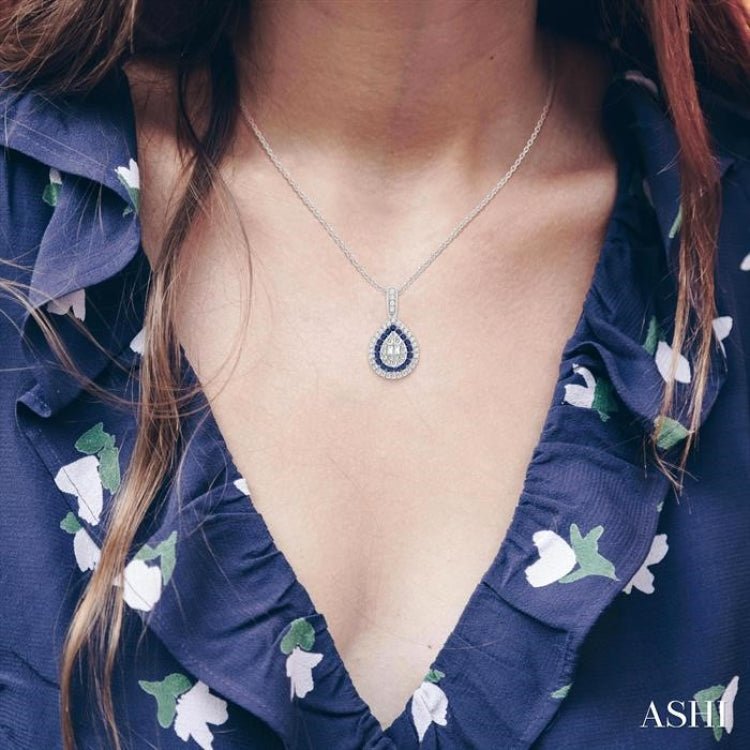 1.25 MM & 1.45 MM Pear Shape Sapphire and 1/4 Ctw Baguette and Round Cut Diamond Precious Pendant With Chain in 14K White Gold