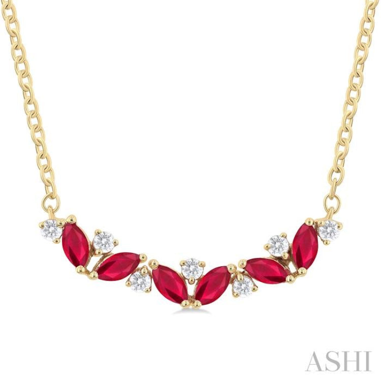4X2 MM Marquise Cut Ruby and 1/6 Ctw Zig-Zag Round Cut Diamond Precious Necklace in 14K Yellow Gold