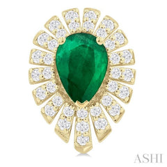 5X3 MM Pear Cut Emerald and 1/3 Ctw Starburst Round Cut Diamond Precious Stud Earring in 14K Yellow Gold