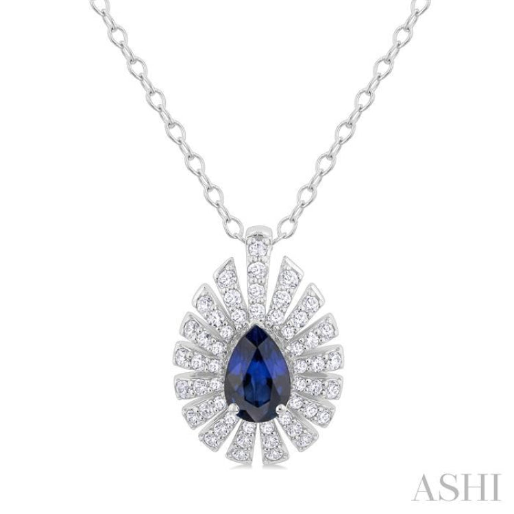 6X4 MM Pear Cut Sapphire and 1/3 Ctw Starburst Round Cut Diamond Precious Pendant With Chain in 14K White Gold