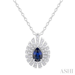 6X4 MM Pear Cut Sapphire and 1/3 Ctw Starburst Round Cut Diamond Precious Pendant With Chain in 14K White Gold