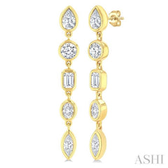 1 Ctw Bezel Set Mixed Diamond Cut Fashion Earring in 14K Yellow Gold