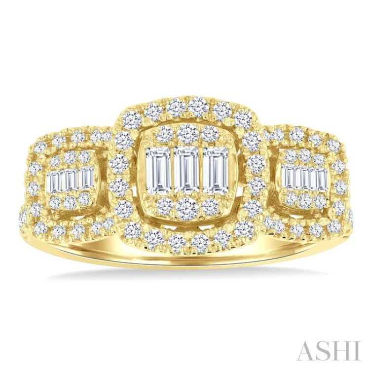 3/4 Ctw Cushion Shape Past, Present & Future Fusion Baguette and Round Cut Diamond Engagement Ring in 14K Yellow Gold