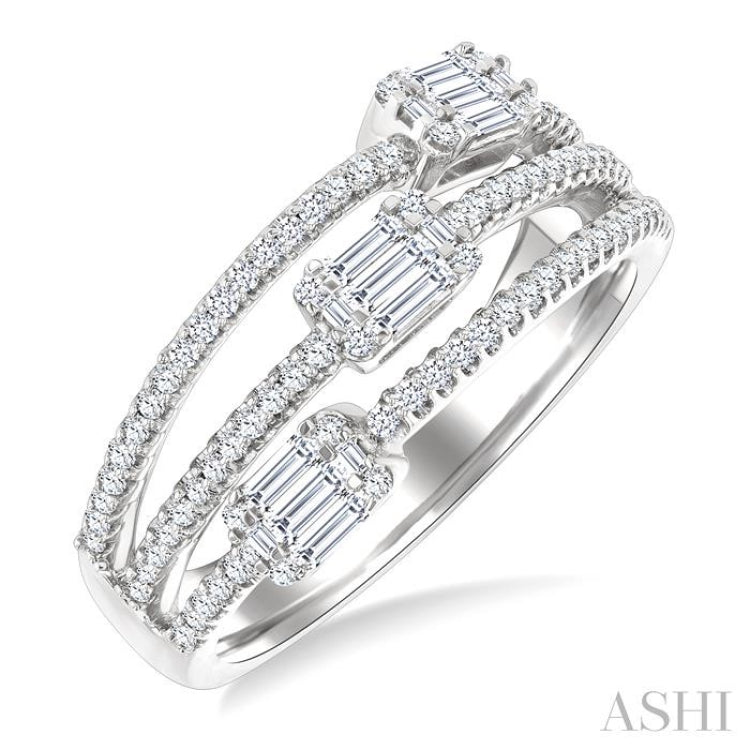 5/8 Ctw Split Three-Row Baguette and Round Cut Diamond Fashion Ring in 14K White Gold