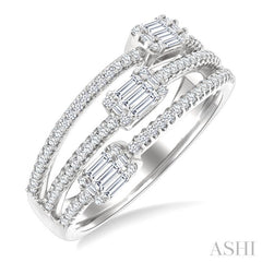 5/8 Ctw Split Three-Row Baguette and Round Cut Diamond Fashion Ring in 14K White Gold