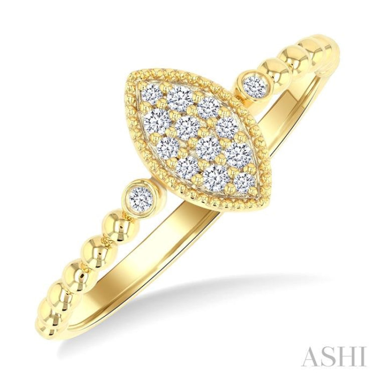 1/8 Ctw Petite Bead Shank Marquise Shape Center Round Cut Diamond Fashion Ring in 10K Yellow Gold