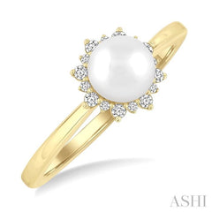 6 MM Round Shape Cultured Pearl and 1/10 Ctw Petite Round Cut Diamond Sunburst Halo Fashion Ring in 10K Yellow Gold