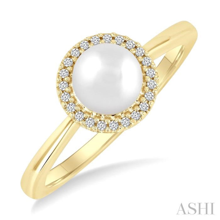 6 MM Round Shape Cultured Pearl and 1/20 Ctw Petite Round Cut Diamond Halo Fashion Ring in 10K Yellow Gold
