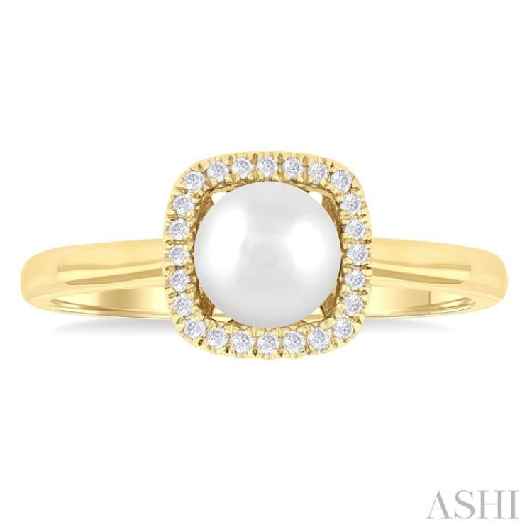 6 MM Cushion-Shaped Cultured Pearl and 1/10 Ctw Petite Round Cut Diamond Halo Ring in 10K Yellow Gold