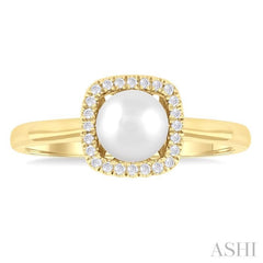 6 MM Cushion-Shaped Cultured Pearl and 1/10 Ctw Petite Round Cut Diamond Halo Ring in 10K Yellow Gold